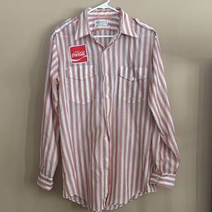 Coca Cola Men's Red and White Striped Button Down Shirt